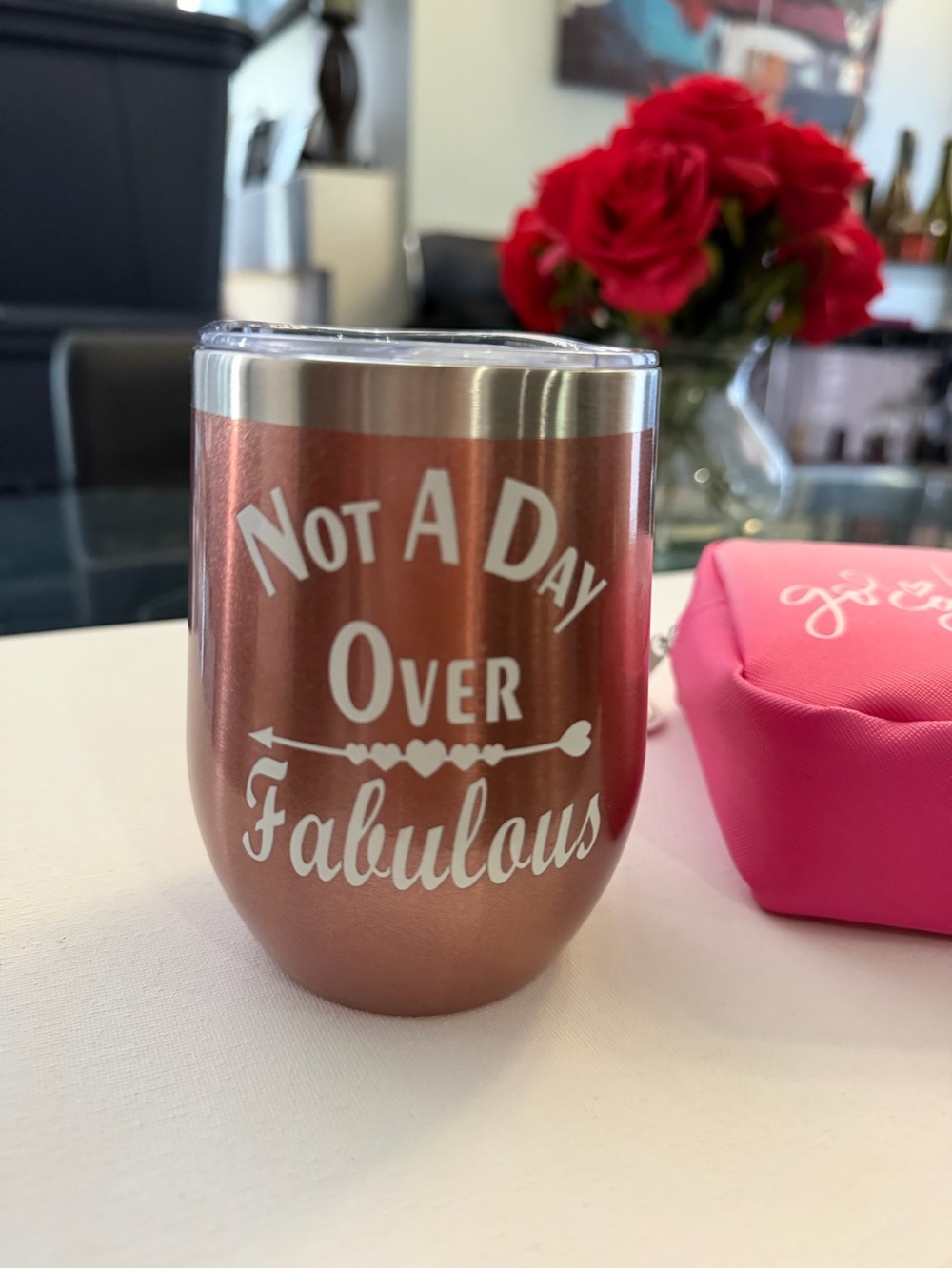 Rose Gold 'Not A Day Over Fabulous' Insulated Wine Tumbler + Makeup bag
